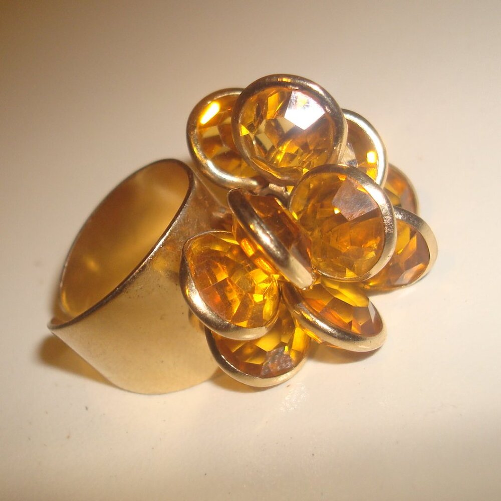 Vintage Faux Citrine Cluster Round Birolettes Ring Gold Open Back Size 2-2.5mm